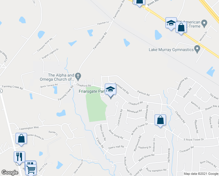 map of restaurants, bars, coffee shops, grocery stores, and more near 1521 Chadford Road in Irmo