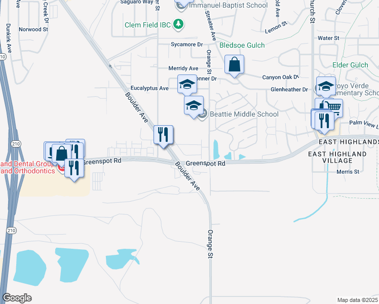 map of restaurants, bars, coffee shops, grocery stores, and more near 28426 Sunflower Street in Highland