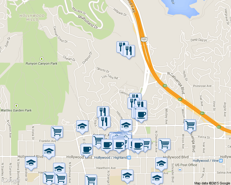 map of restaurants, bars, coffee shops, grocery stores, and more near 6911 Camrose Drive in Los Angeles