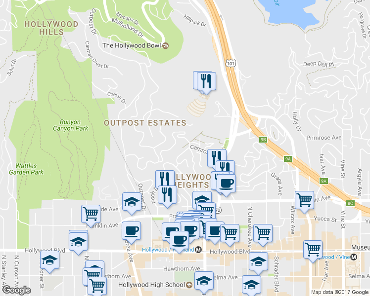 map of restaurants, bars, coffee shops, grocery stores, and more near 6911 Camrose Drive in Los Angeles