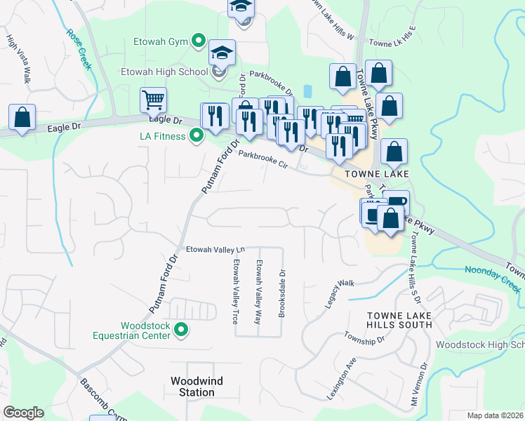map of restaurants, bars, coffee shops, grocery stores, and more near 132 Eagle Glen Dr in Woodstock