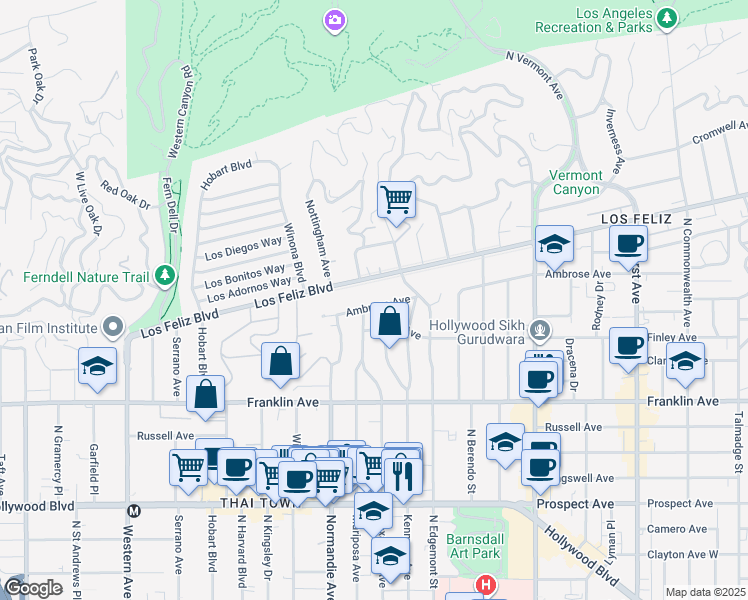 map of restaurants, bars, coffee shops, grocery stores, and more near 5017 Ambrose Avenue in Los Angeles