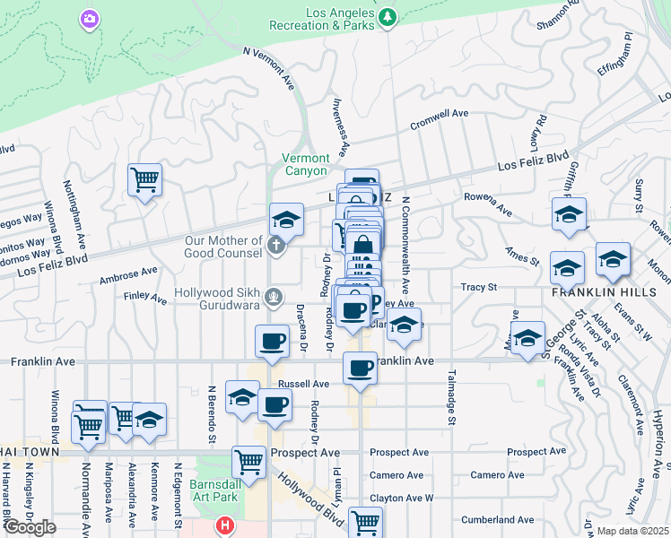 map of restaurants, bars, coffee shops, grocery stores, and more near 2028 Rodney Drive in Los Angeles
