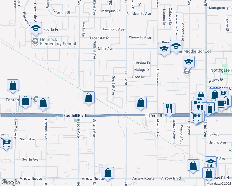 map of restaurants, bars, coffee shops, grocery stores, and more near 15581 Curry Place in Fontana