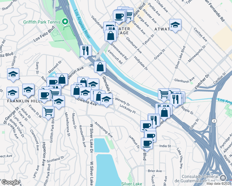 map of restaurants, bars, coffee shops, grocery stores, and more near 2753 Waverly Drive in Los Angeles