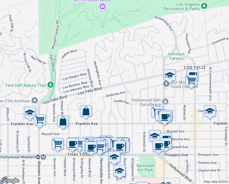 map of restaurants, bars, coffee shops, grocery stores, and more near 5017 Ambrose Avenue in Los Angeles
