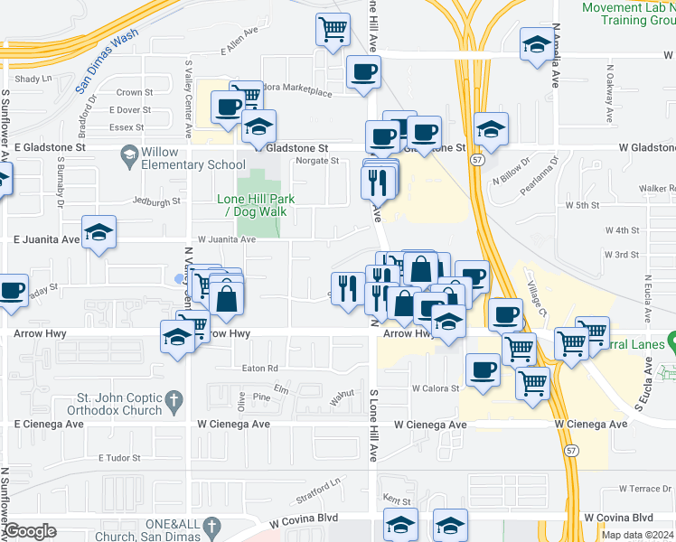 map of restaurants, bars, coffee shops, grocery stores, and more near 1134 Las Colinas Way in San Dimas
