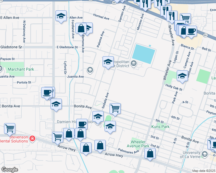 map of restaurants, bars, coffee shops, grocery stores, and more near 2729 Sedalia Avenue in La Verne