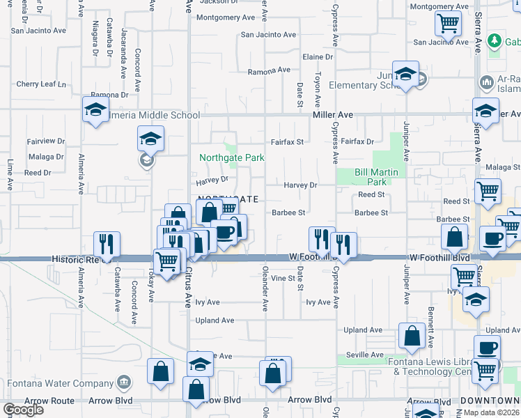 map of restaurants, bars, coffee shops, grocery stores, and more near 7980 Oleander Avenue in Fontana