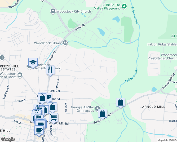 map of restaurants, bars, coffee shops, grocery stores, and more near 601 Oakbourne Way in Woodstock