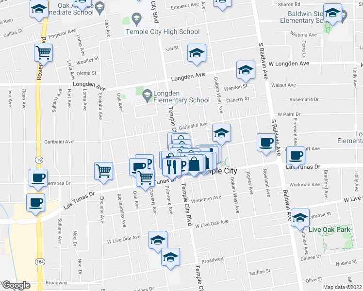 map of restaurants, bars, coffee shops, grocery stores, and more near 6018 Temple City Boulevard in Temple City