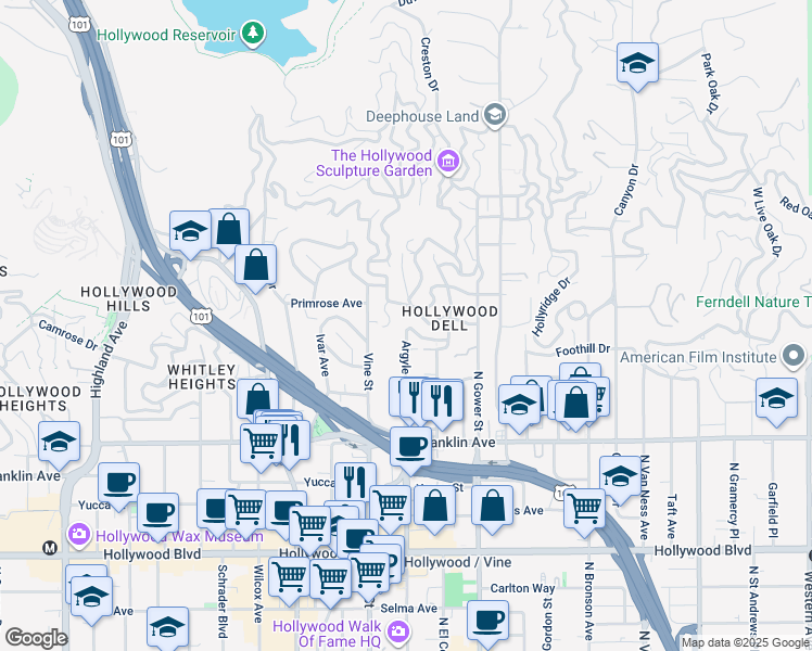 map of restaurants, bars, coffee shops, grocery stores, and more near 6255 Holly Mont Drive in Los Angeles