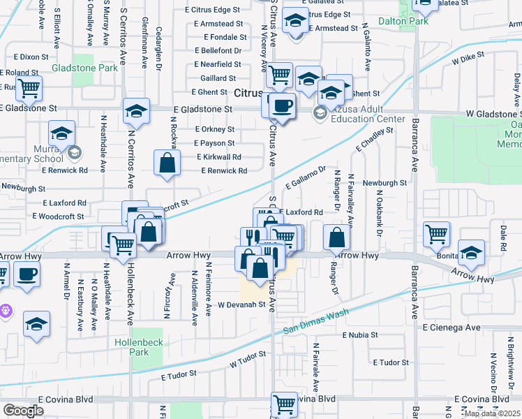 map of restaurants, bars, coffee shops, grocery stores, and more near 777 South Citrus Avenue in Azusa