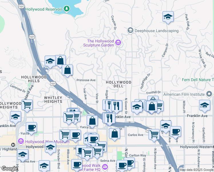map of restaurants, bars, coffee shops, grocery stores, and more near 6255 Holly Mont Drive in Los Angeles