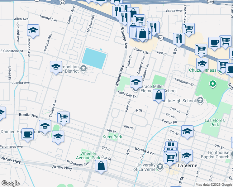 map of restaurants, bars, coffee shops, grocery stores, and more near 1507 Maplewood Street in La Verne