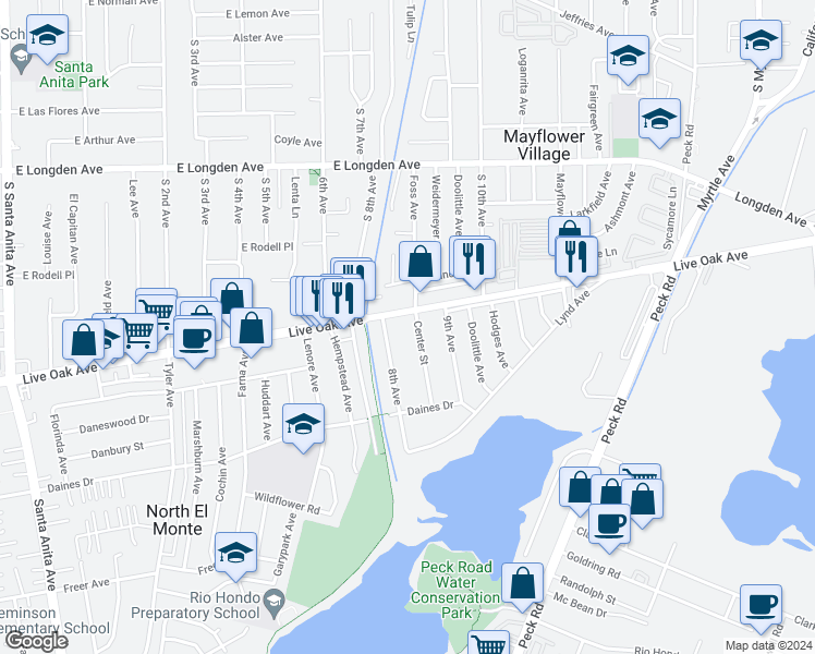 map of restaurants, bars, coffee shops, grocery stores, and more near 4064 Live Oak Avenue in Arcadia
