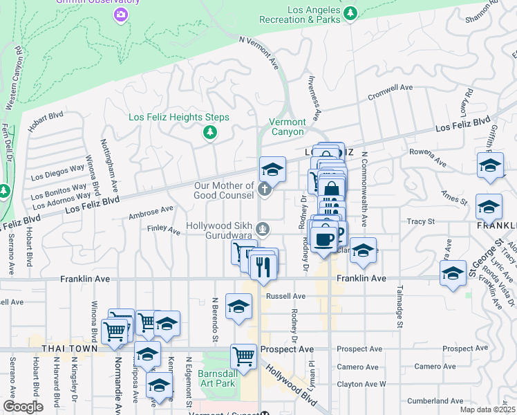 map of restaurants, bars, coffee shops, grocery stores, and more near 2047 North Vermont Avenue in Los Angeles