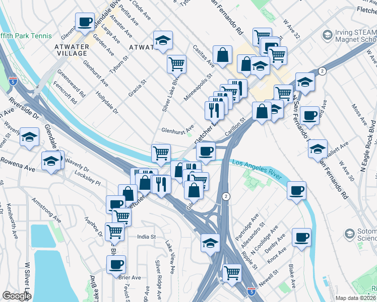 map of restaurants, bars, coffee shops, grocery stores, and more near Fletcher Drive in Los Angeles