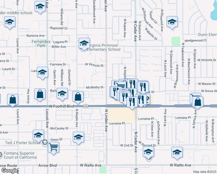 map of restaurants, bars, coffee shops, grocery stores, and more near 475 North Linden Avenue in Rialto