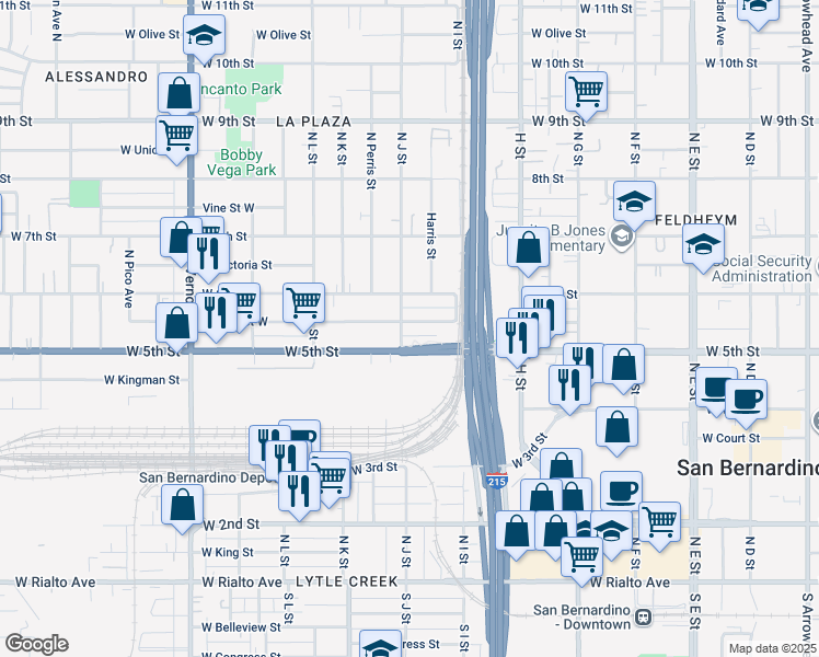 map of restaurants, bars, coffee shops, grocery stores, and more near 987 Spruce Street West in San Bernardino