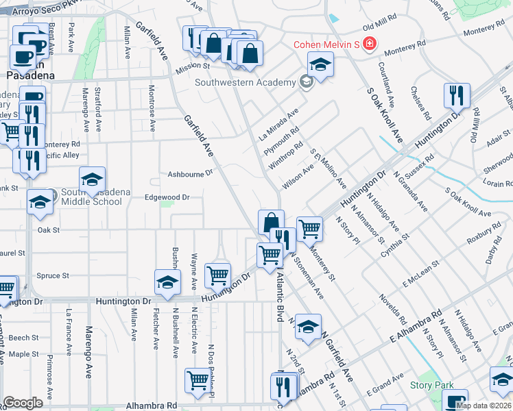 map of restaurants, bars, coffee shops, grocery stores, and more near 1520 Avonrea Road in San Marino