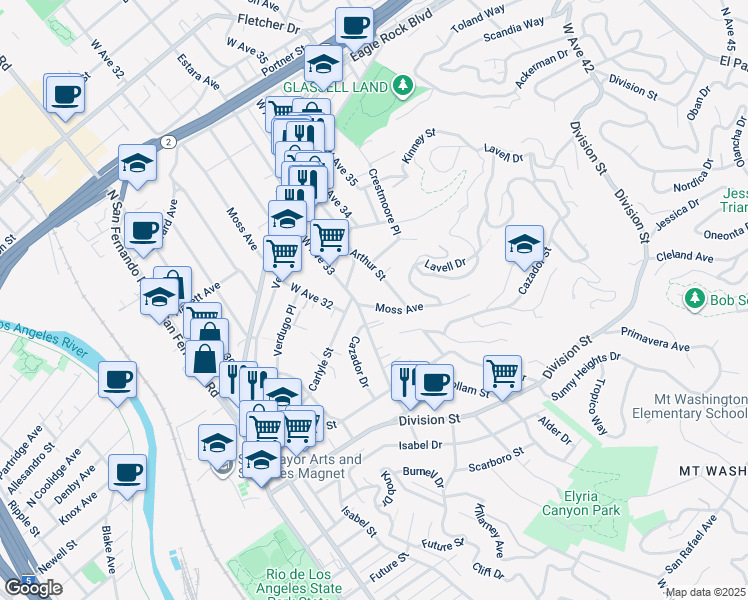 map of restaurants, bars, coffee shops, grocery stores, and more near 2347 Moss Avenue in Los Angeles