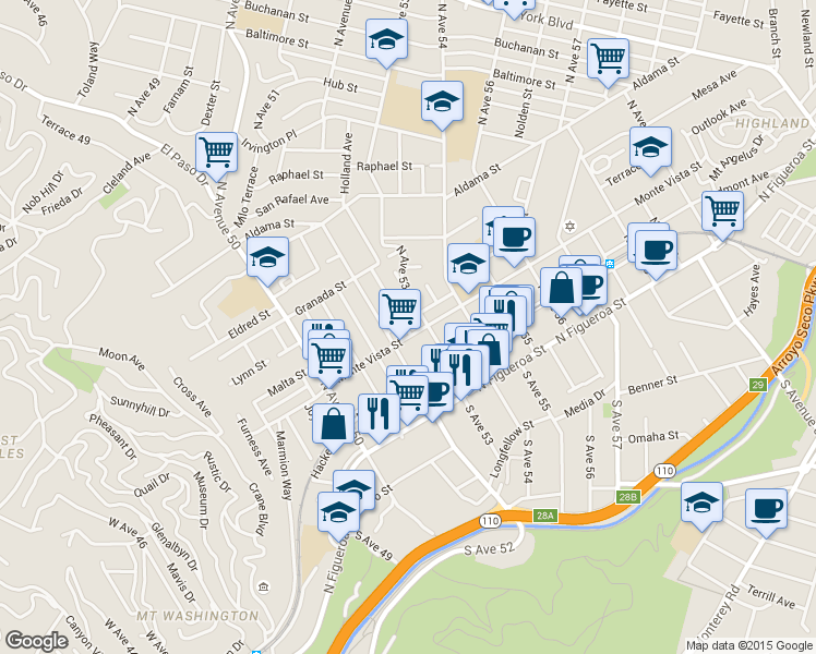 map of restaurants, bars, coffee shops, grocery stores, and more near 5221 Monte Vista Street in Los Angeles