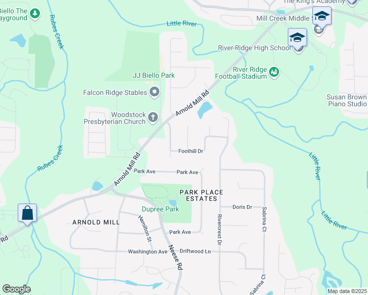 map of restaurants, bars, coffee shops, grocery stores, and more near 205 Foothill Drive in Woodstock