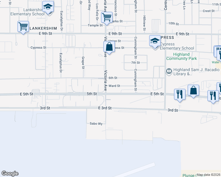 map of restaurants, bars, coffee shops, grocery stores, and more near 26552 West 5th Street in Highland
