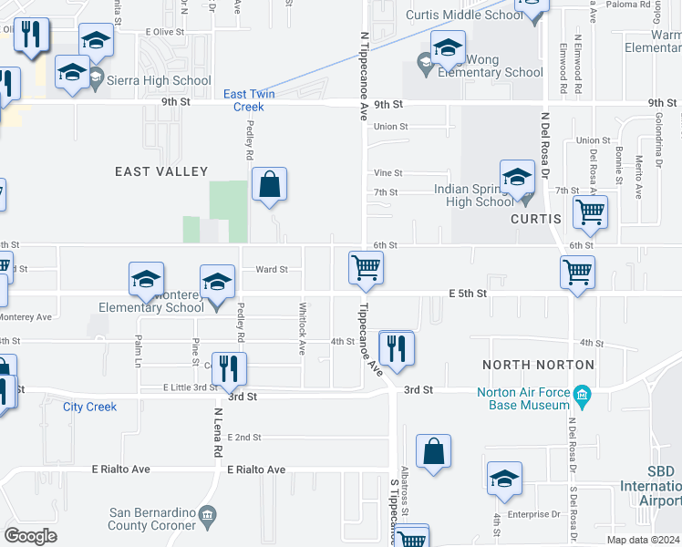 map of restaurants, bars, coffee shops, grocery stores, and more near 24854 East 5th Street in San Bernardino