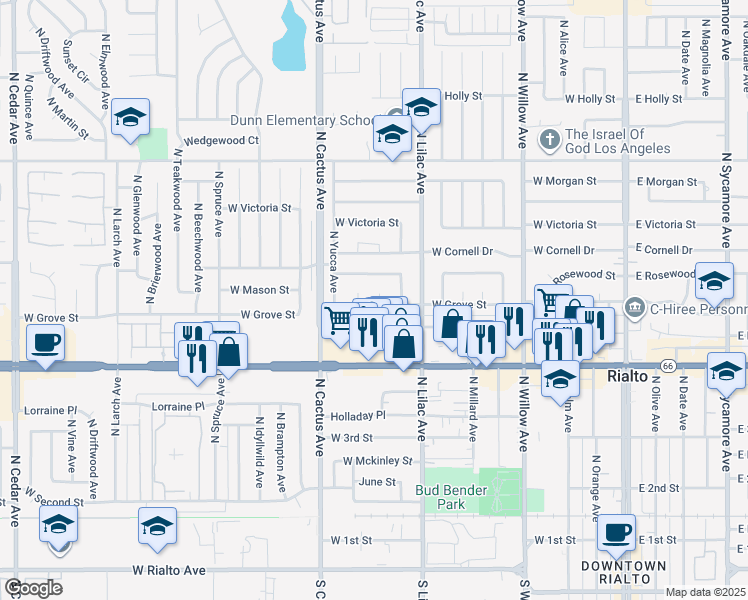 map of restaurants, bars, coffee shops, grocery stores, and more near 548 West Ramona Drive in Rialto