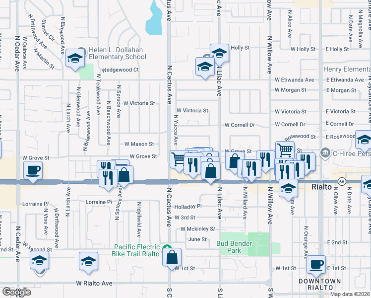 map of restaurants, bars, coffee shops, grocery stores, and more near 630 West Ramona Drive in Rialto