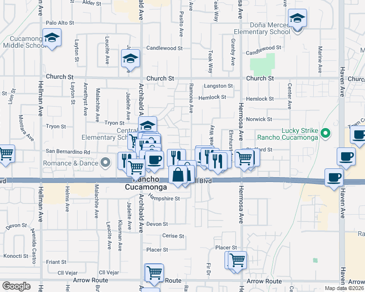 map of restaurants, bars, coffee shops, grocery stores, and more near 8002 Ramona Avenue in Rancho Cucamonga