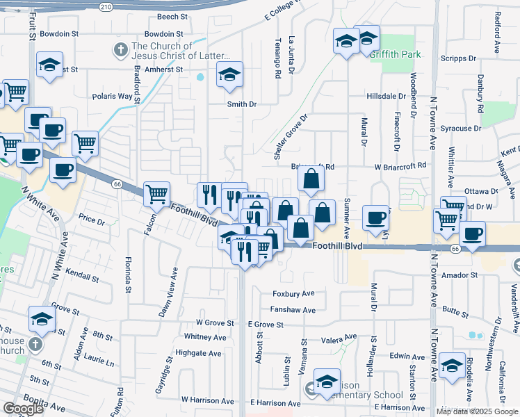 map of restaurants, bars, coffee shops, grocery stores, and more near 3642 North Garey Avenue in Pomona