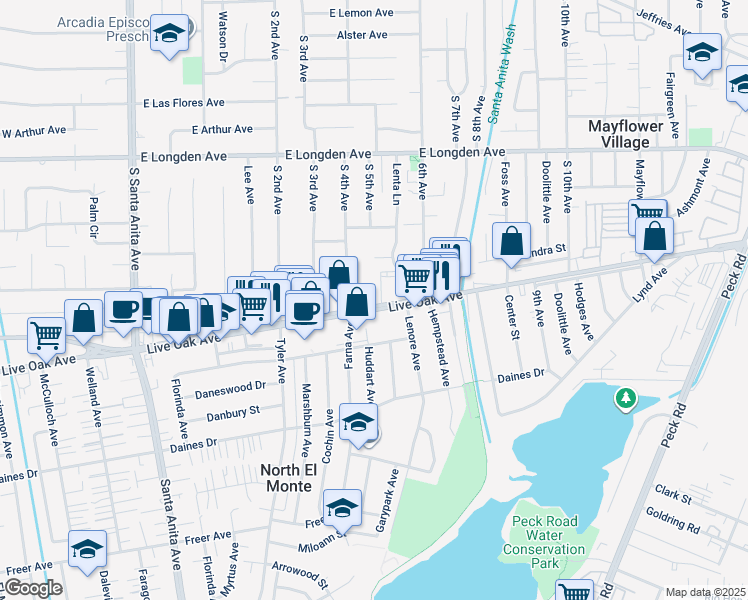 map of restaurants, bars, coffee shops, grocery stores, and more near 418 Live Oak Avenue in Arcadia