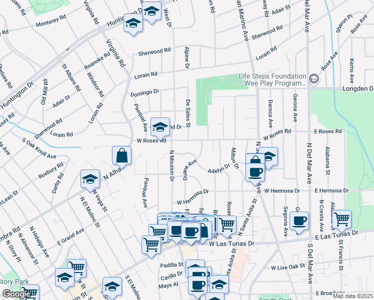 map of restaurants, bars, coffee shops, grocery stores, and more near 373 Duane Avenue in San Gabriel