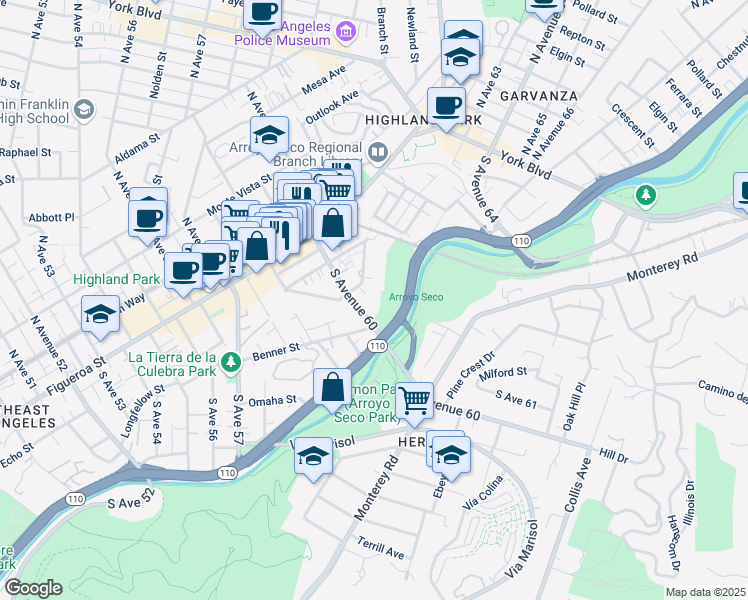 map of restaurants, bars, coffee shops, grocery stores, and more near 337 South Avenue 60 in Los Angeles