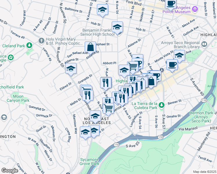 map of restaurants, bars, coffee shops, grocery stores, and more near in Los Angeles