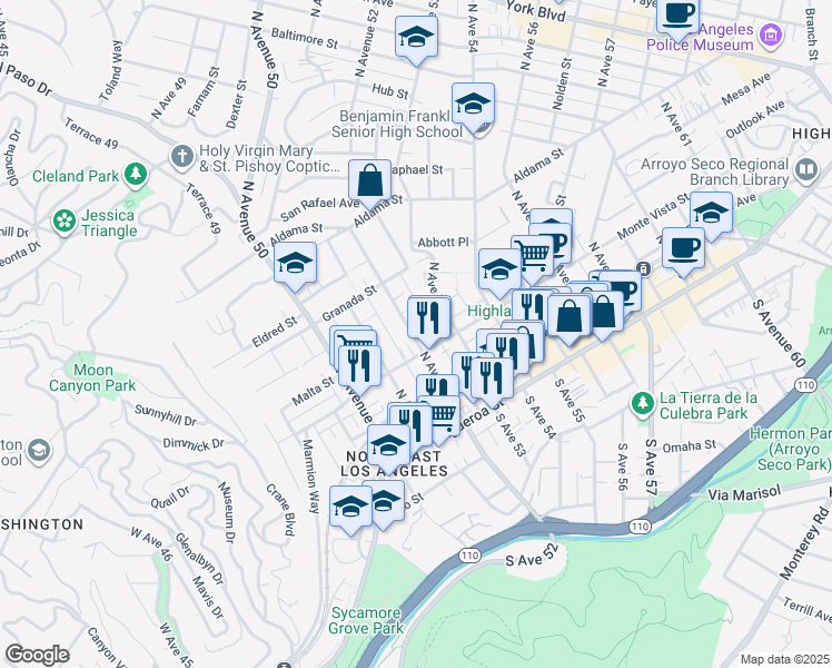 map of restaurants, bars, coffee shops, grocery stores, and more near 5139 Monte Vista Street in Los Angeles