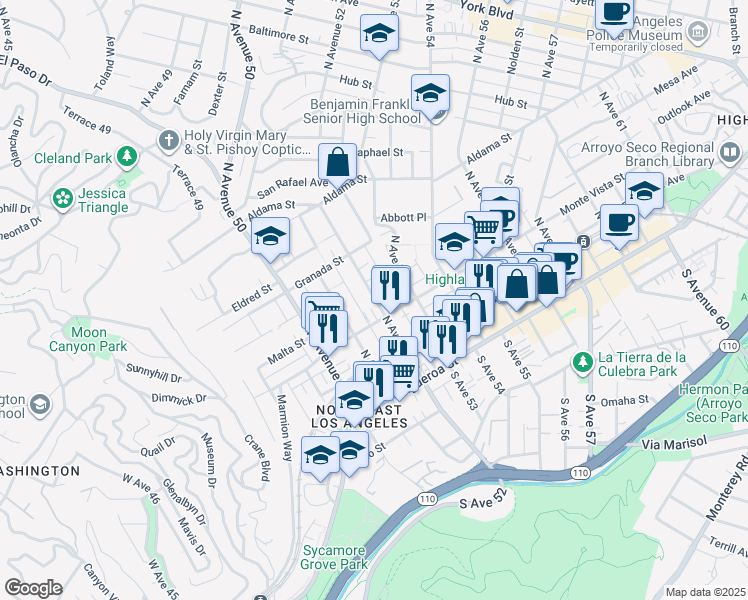 map of restaurants, bars, coffee shops, grocery stores, and more near 5139 Monte Vista Street in Los Angeles