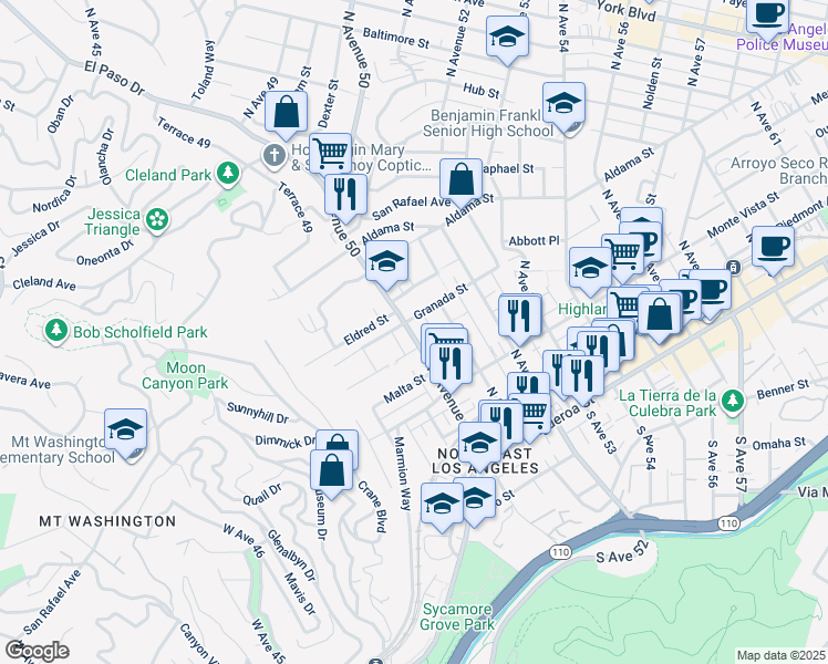 map of restaurants, bars, coffee shops, grocery stores, and more near 423 1/2 North Avenue 50 in Los Angeles