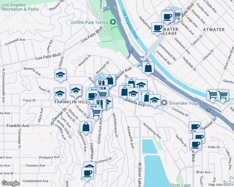 map of restaurants, bars, coffee shops, grocery stores, and more near 2928 Rowena Avenue in Los Angeles