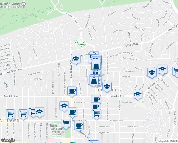 map of restaurants, bars, coffee shops, grocery stores, and more near 2028 Rodney Drive in Los Angeles