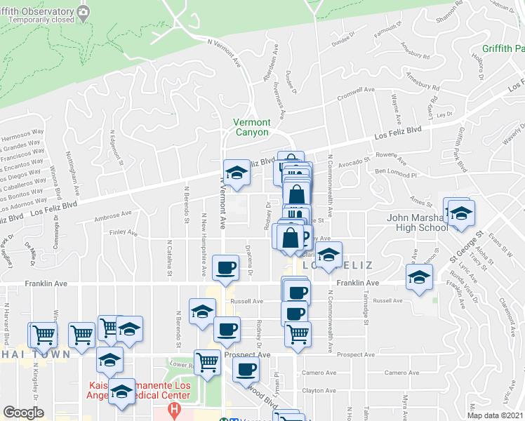 map of restaurants, bars, coffee shops, grocery stores, and more near 2024 1/2 Dracena Drive in Los Angeles
