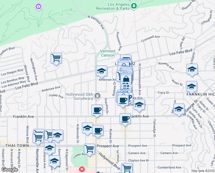 map of restaurants, bars, coffee shops, grocery stores, and more near 2024 1/2 Dracena Drive in Los Angeles