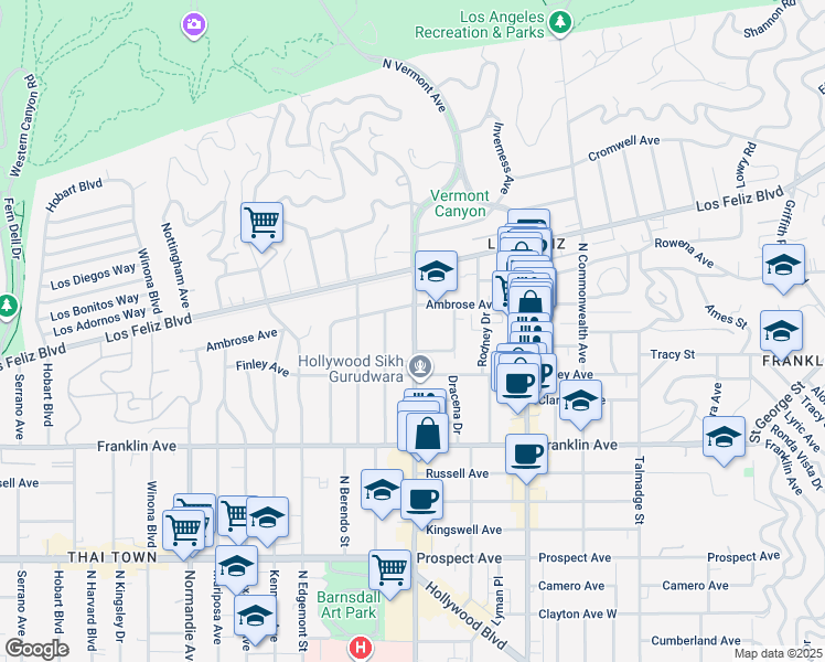 map of restaurants, bars, coffee shops, grocery stores, and more near 2030 North Vermont Avenue in Los Angeles