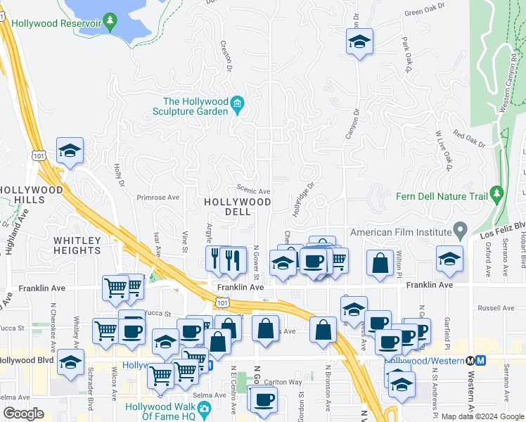 map of restaurants, bars, coffee shops, grocery stores, and more near 2047 North Beachwood Drive in Los Angeles