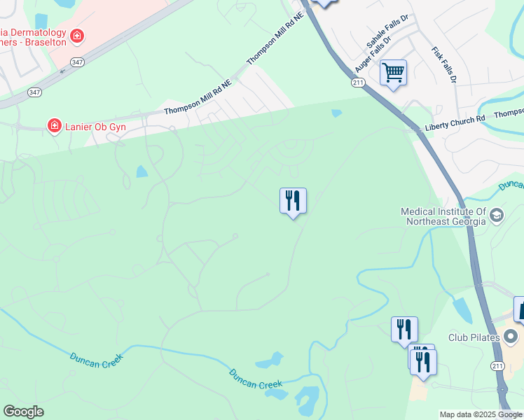 map of restaurants, bars, coffee shops, grocery stores, and more near 2704 Sports Club Drive in Braselton