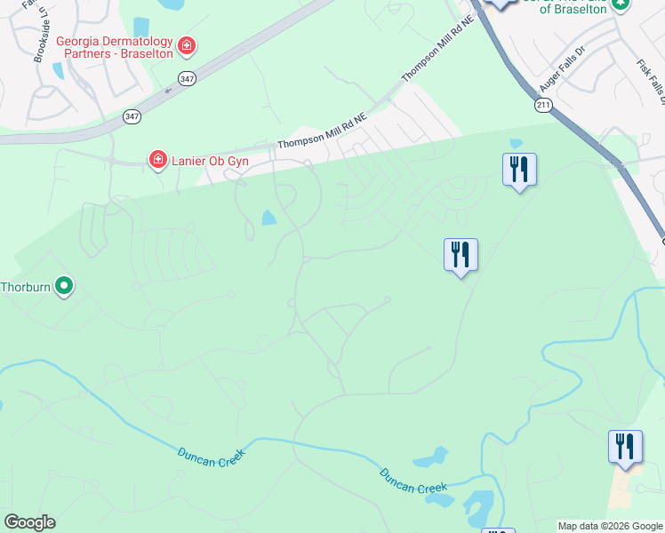 map of restaurants, bars, coffee shops, grocery stores, and more near 5727 Allee Way in Braselton