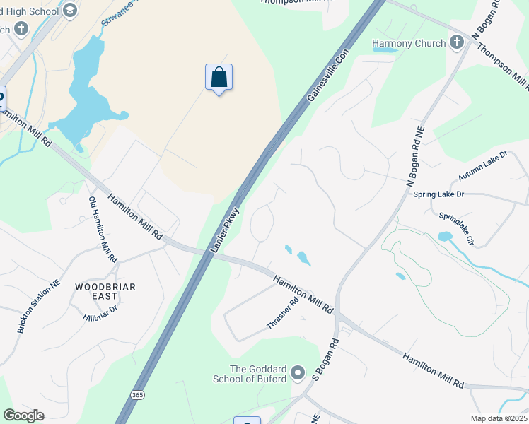map of restaurants, bars, coffee shops, grocery stores, and more near 2571 Hamill Drive in Buford